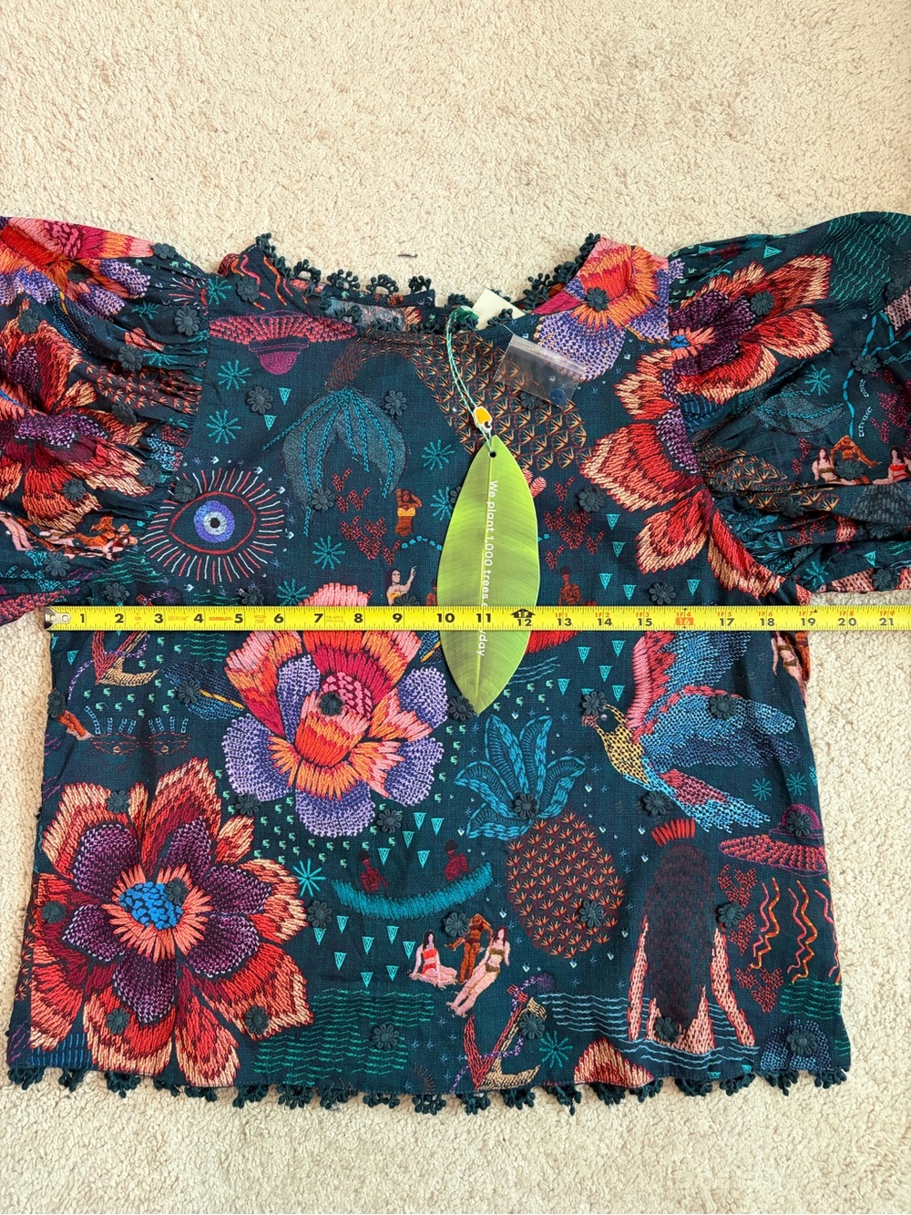 Farm Rio NWT Teal River Creatures Puff Sleeve Blouse Floral Embroidered Size S - Picture 15 of 15